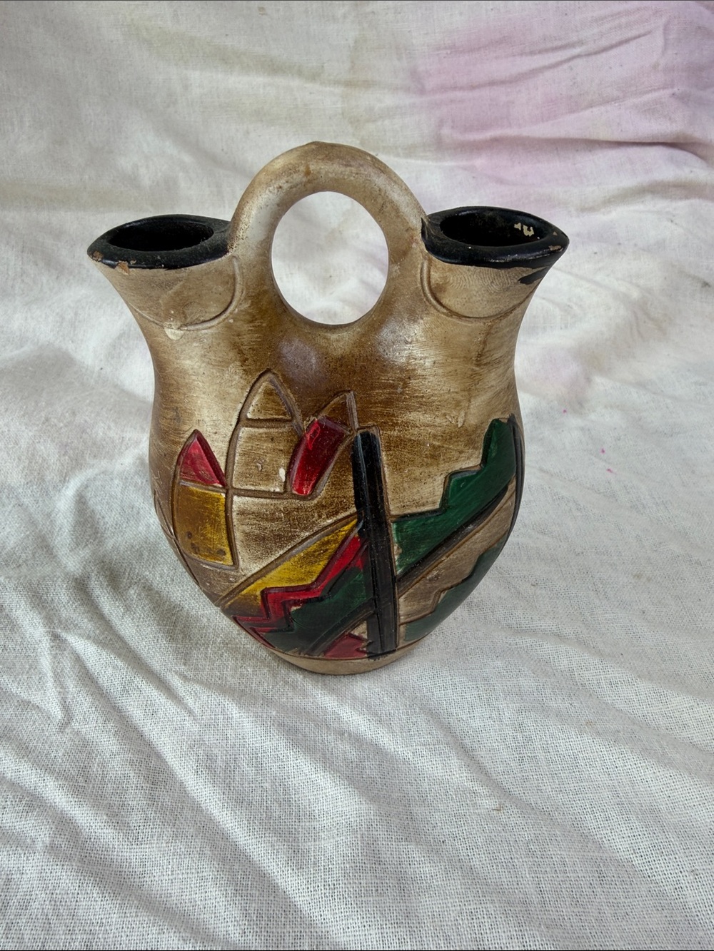 Handcrafted Two-Spout Decorative Vase in Tan with Red, Green & Black Accents